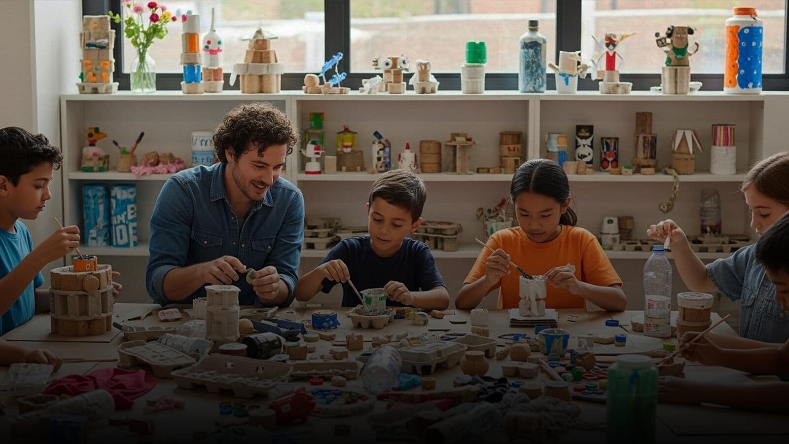 Children making art from reclaimed materials