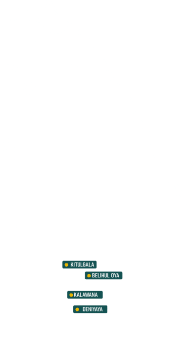 Sri Lanka with Kitulgala, Belihul Oya, Kalawana and Deniyaya pinned