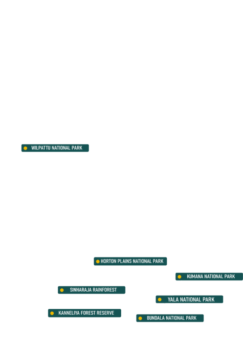 Sri Lanka with Wilpattu, Yala, Kumana, Bundala, Horton Plains, Sinharaja and Kanneliya pinned