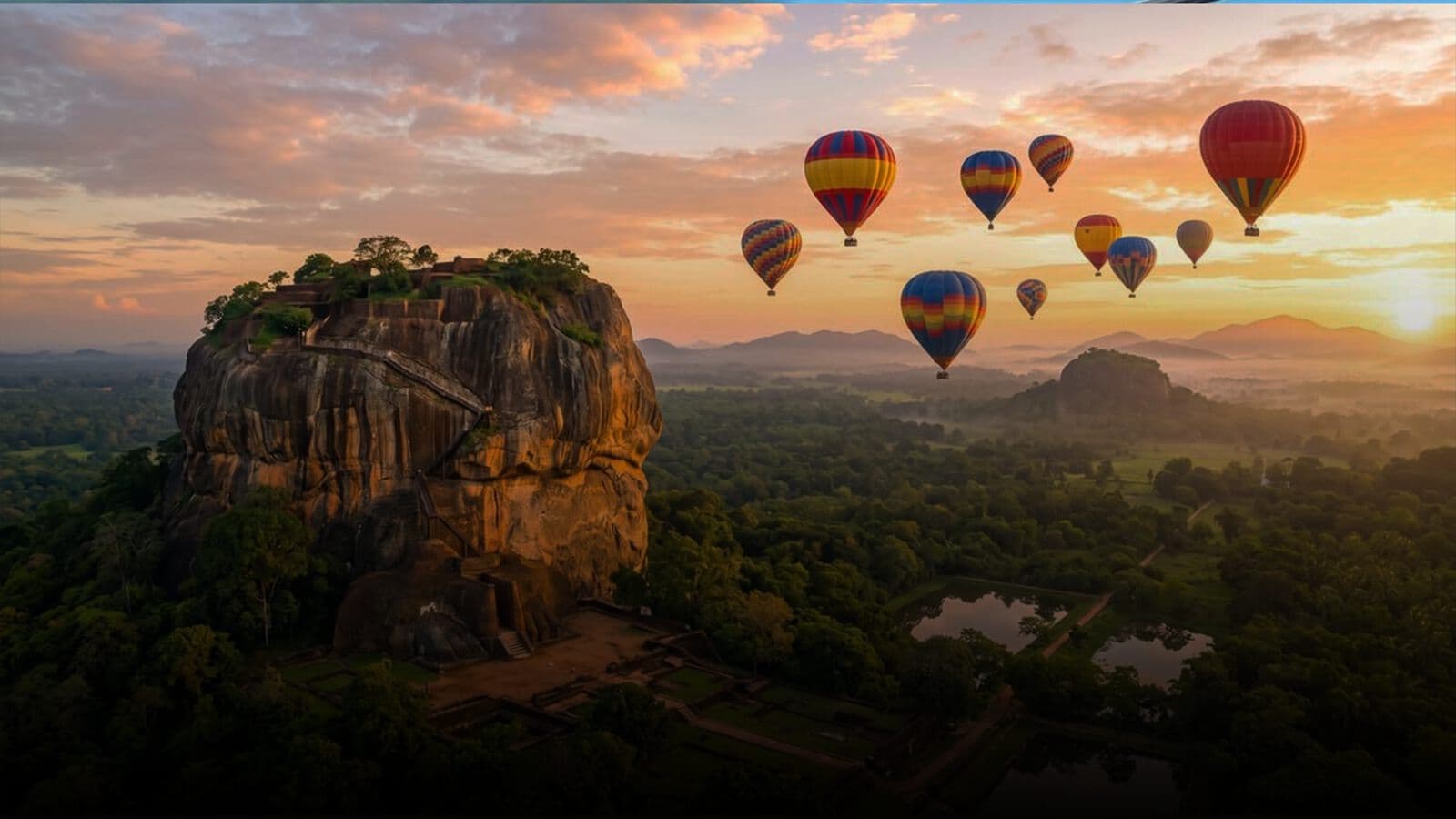 Hot-air balloons over Sigiriya at sunrise