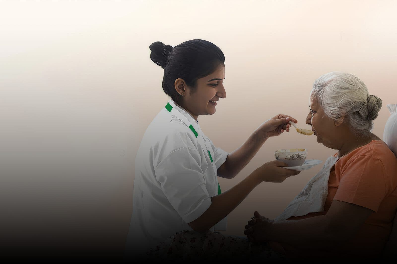 A care worker helping an elderly woman with a meal
