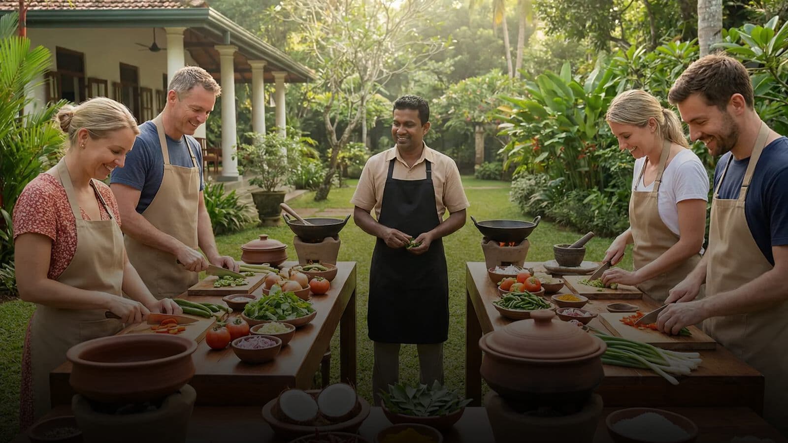 A cooking class laid out in a garden kitchen
